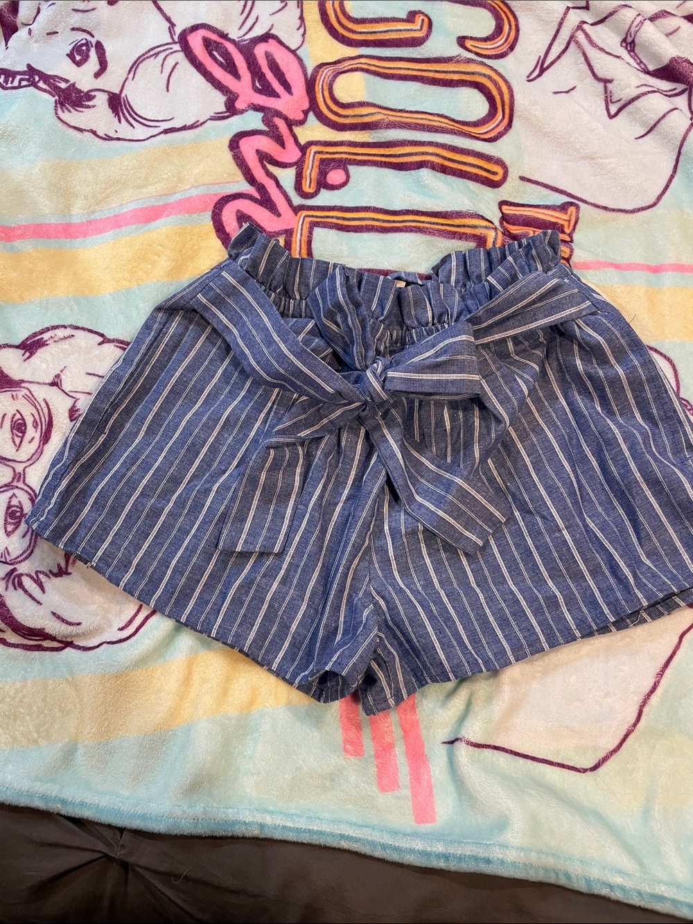 Love Tree Blue & White Striped High-Waist Paperbag Shorts with Tie